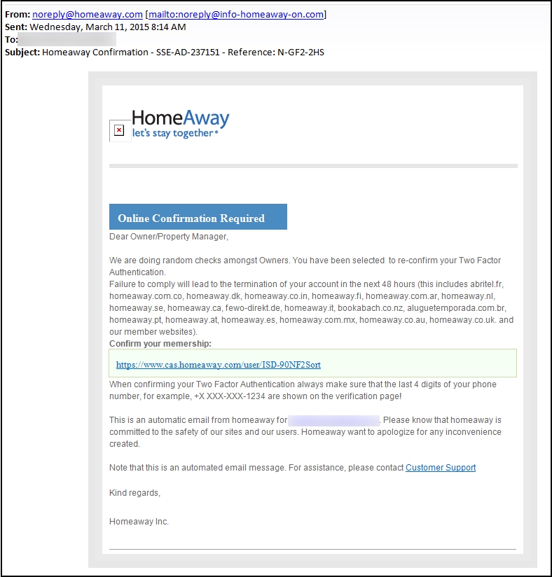 Homeaway Phishing Email